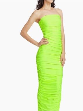 NWT 8 Good American Neon Lime Strapless Ruched Maxi Dress